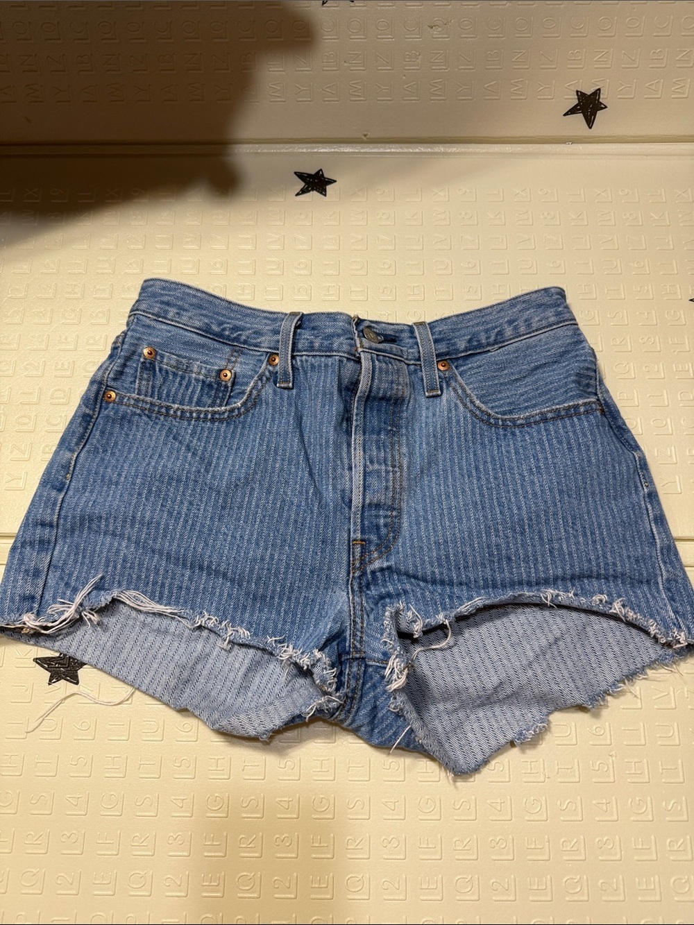 High-Rise Frayed Hem Blue Denim Shorts